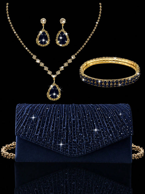 Luxury Rhinestone Women's Clutch Envelope Bag, Shiny Pleated Evening Bag Party Bag, Paired With Shiny Rhinestone Jewelry 3 Pieces Set, Rhinestone Pendant Necklace, Earrings, Bracelet, Suitable For Par