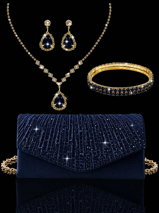 Luxury Rhinestone Women's Clutch Envelope Bag, Shiny Pleated Evening Bag Party Bag, Paired With Shiny Rhinestone Jewelry 3 Pieces Set, Rhinestone Pendant Necklace, Earrings, Bracelet, Suitable For Par