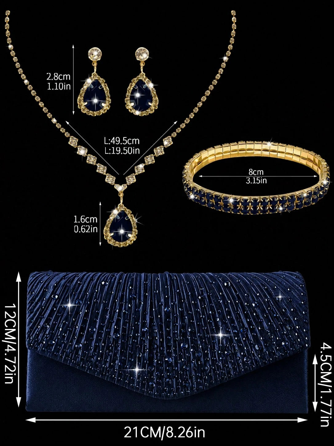 Luxury Rhinestone Women's Clutch Envelope Bag, Shiny Pleated Evening Bag Party Bag, Paired With Shiny Rhinestone Jewelry 3 Pieces Set, Rhinestone Pendant Necklace, Earrings, Bracelet, Suitable For Par