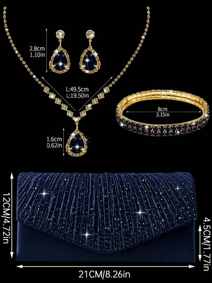 Luxury Rhinestone Women's Clutch Envelope Bag, Shiny Pleated Evening Bag Party Bag, Paired With Shiny Rhinestone Jewelry 3 Pieces Set, Rhinestone Pendant Necklace, Earrings, Bracelet, Suitable For Par