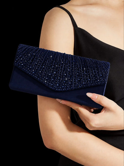 Luxury Rhinestone Women's Clutch Envelope Bag, Shiny Pleated Evening Bag Party Bag, Paired With Shiny Rhinestone Jewelry 3 Pieces Set, Rhinestone Pendant Necklace, Earrings, Bracelet, Suitable For Par