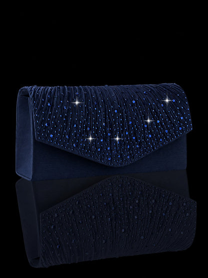 Luxury Rhinestone Women's Clutch Envelope Bag, Shiny Pleated Evening Bag Party Bag, Paired With Shiny Rhinestone Jewelry 3 Pieces Set, Rhinestone Pendant Necklace, Earrings, Bracelet, Suitable For Par