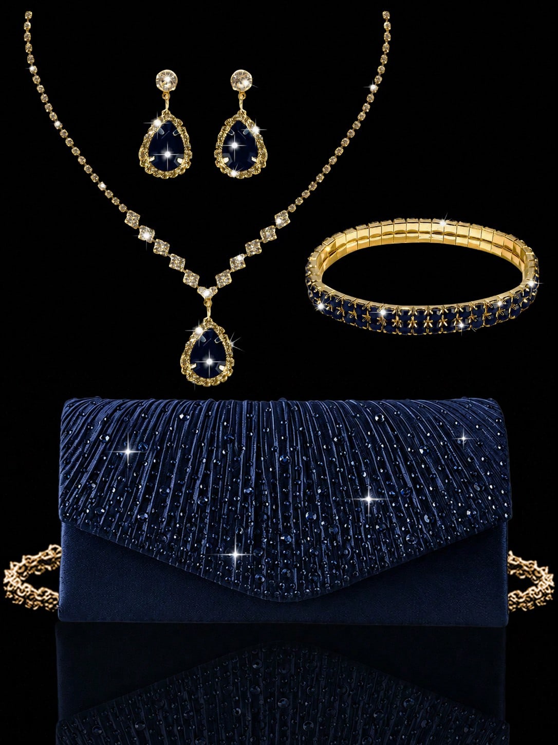 Luxury Rhinestone Women's Clutch Envelope Bag, Shiny Pleated Evening Bag Party Bag, Paired With Shiny Rhinestone Jewelry 3 Pieces Set, Rhinestone Pendant Necklace, Earrings, Bracelet, Suitable For Par