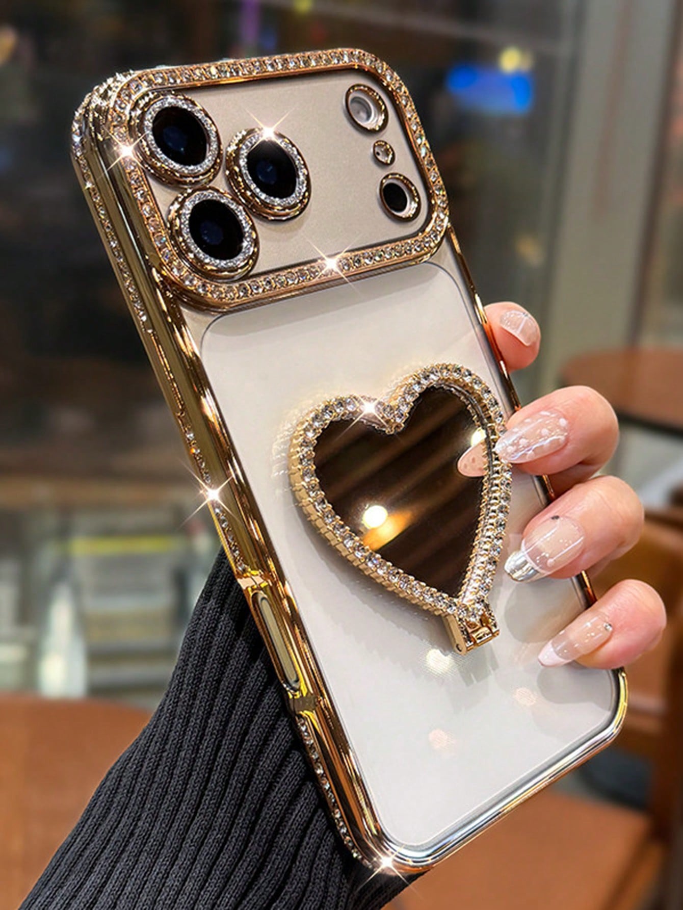 Luxury Sparkling Rhinestone Heart-Shaped Makeup Mirror Phone Case Compatible With IPhone 17 Pro Max, 17 Pro, 17, 16 Pro Max, 16 Pro, 16, 15 Pro Max, 15 Pro, 15, 14 Pro Max, 14 Pro, 14, 13 Pro Max, 13