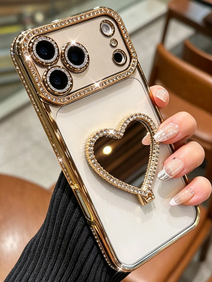 Luxury Sparkling Rhinestone Heart-Shaped Makeup Mirror Phone Case Compatible With IPhone 17 Pro Max, 17 Pro, 17, 16 Pro Max, 16 Pro, 16, 15 Pro Max, 15 Pro, 15, 14 Pro Max, 14 Pro, 14, 13 Pro Max, 13