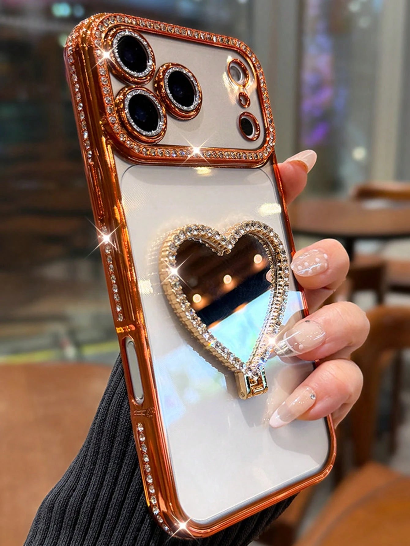Luxury Sparkling Rhinestone Heart-Shaped Makeup Mirror Phone Case Compatible With IPhone 17 Pro Max, 17 Pro, 17, 16 Pro Max, 16 Pro, 16, 15 Pro Max, 15 Pro, 15, 14 Pro Max, 14 Pro, 14, 13 Pro Max, 13