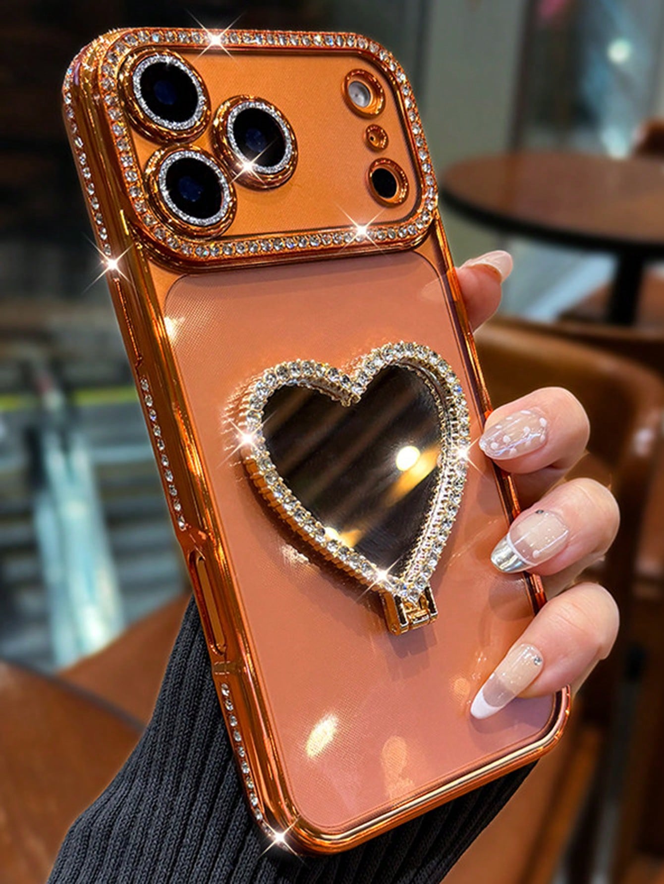 Luxury Sparkling Rhinestone Heart-Shaped Makeup Mirror Phone Case Compatible With IPhone 17 Pro Max, 17 Pro, 17, 16 Pro Max, 16 Pro, 16, 15 Pro Max, 15 Pro, 15, 14 Pro Max, 14 Pro, 14, 13 Pro Max, 13