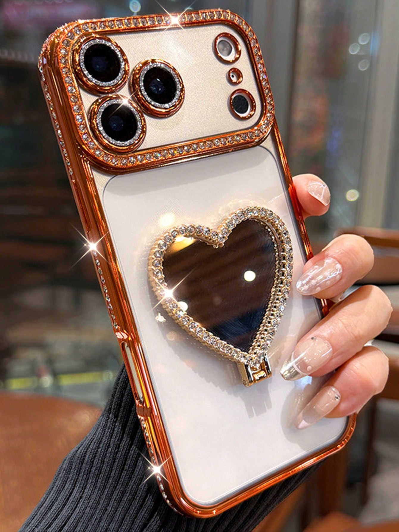 Luxury Sparkling Rhinestone Heart-Shaped Makeup Mirror Phone Case Compatible With IPhone 17 Pro Max, 17 Pro, 17, 16 Pro Max, 16 Pro, 16, 15 Pro Max, 15 Pro, 15, 14 Pro Max, 14 Pro, 14, 13 Pro Max, 13