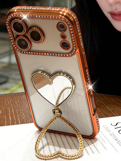 Luxury Sparkling Rhinestone Heart-Shaped Makeup Mirror Phone Case Compatible With IPhone 17 Pro Max, 17 Pro, 17, 16 Pro Max, 16 Pro, 16, 15 Pro Max, 15 Pro, 15, 14 Pro Max, 14 Pro, 14, 13 Pro Max, 13
