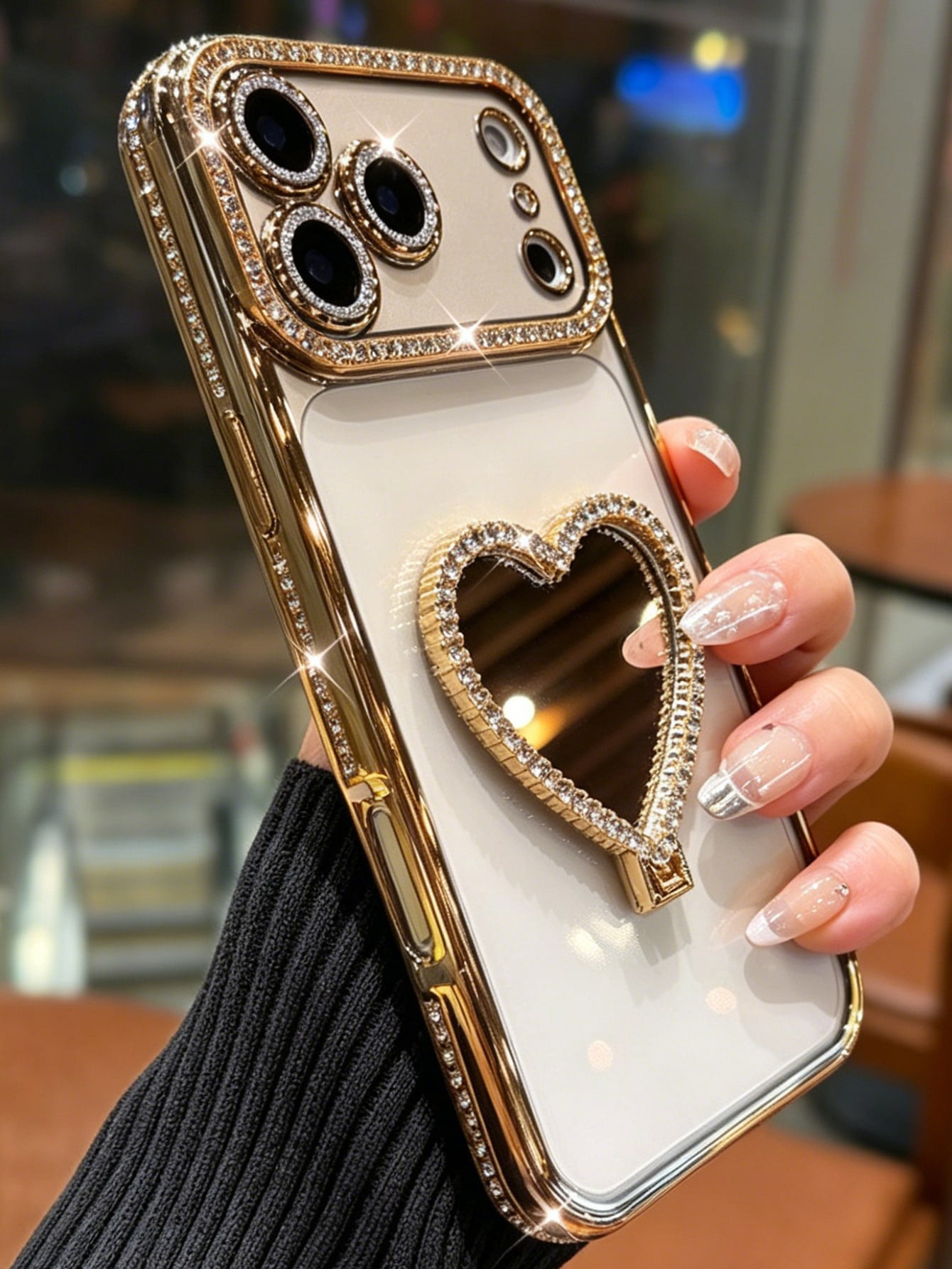 Luxury Sparkling Rhinestone Heart-Shaped Makeup Mirror Phone Case Compatible With IPhone 17 Pro Max, 17 Pro, 17, 16 Pro Max, 16 Pro, 16, 15 Pro Max, 15 Pro, 15, 14 Pro Max, 14 Pro, 14, 13 Pro Max, 13