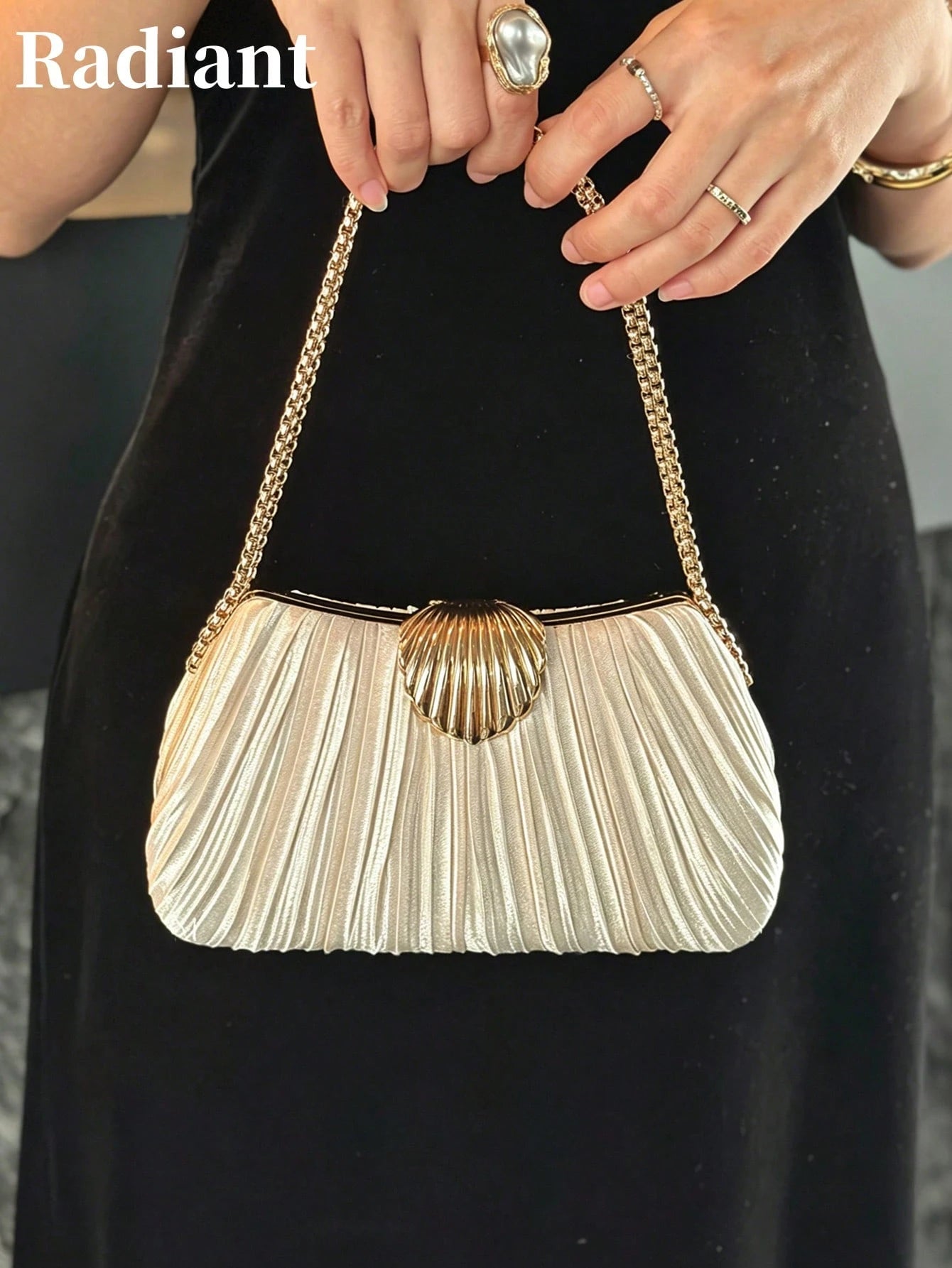 Luxury Women Chain Clutch Bag, Solid Pleated Satin Shell, Metal Clasp, Detachable Chain Strap, Magnetic Closure, Elegant Evening Wedding Prom Handbag