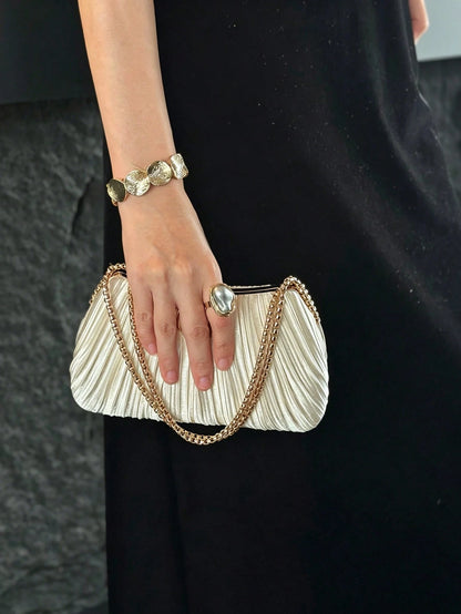 Luxury Women Chain Clutch Bag, Solid Pleated Satin Shell, Metal Clasp, Detachable Chain Strap, Magnetic Closure, Elegant Evening Wedding Prom Handbag