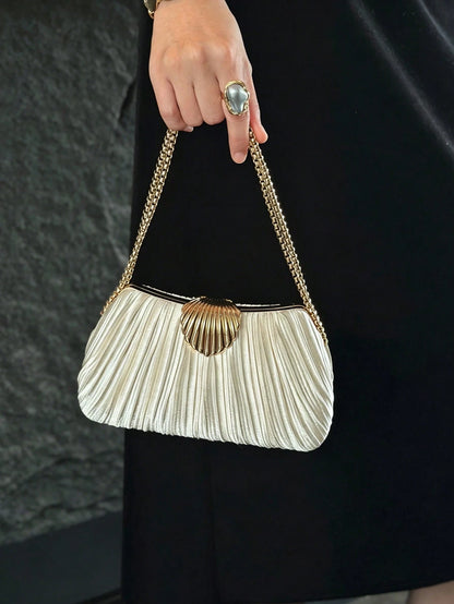 Luxury Women Chain Clutch Bag, Solid Pleated Satin Shell, Metal Clasp, Detachable Chain Strap, Magnetic Closure, Elegant Evening Wedding Prom Handbag