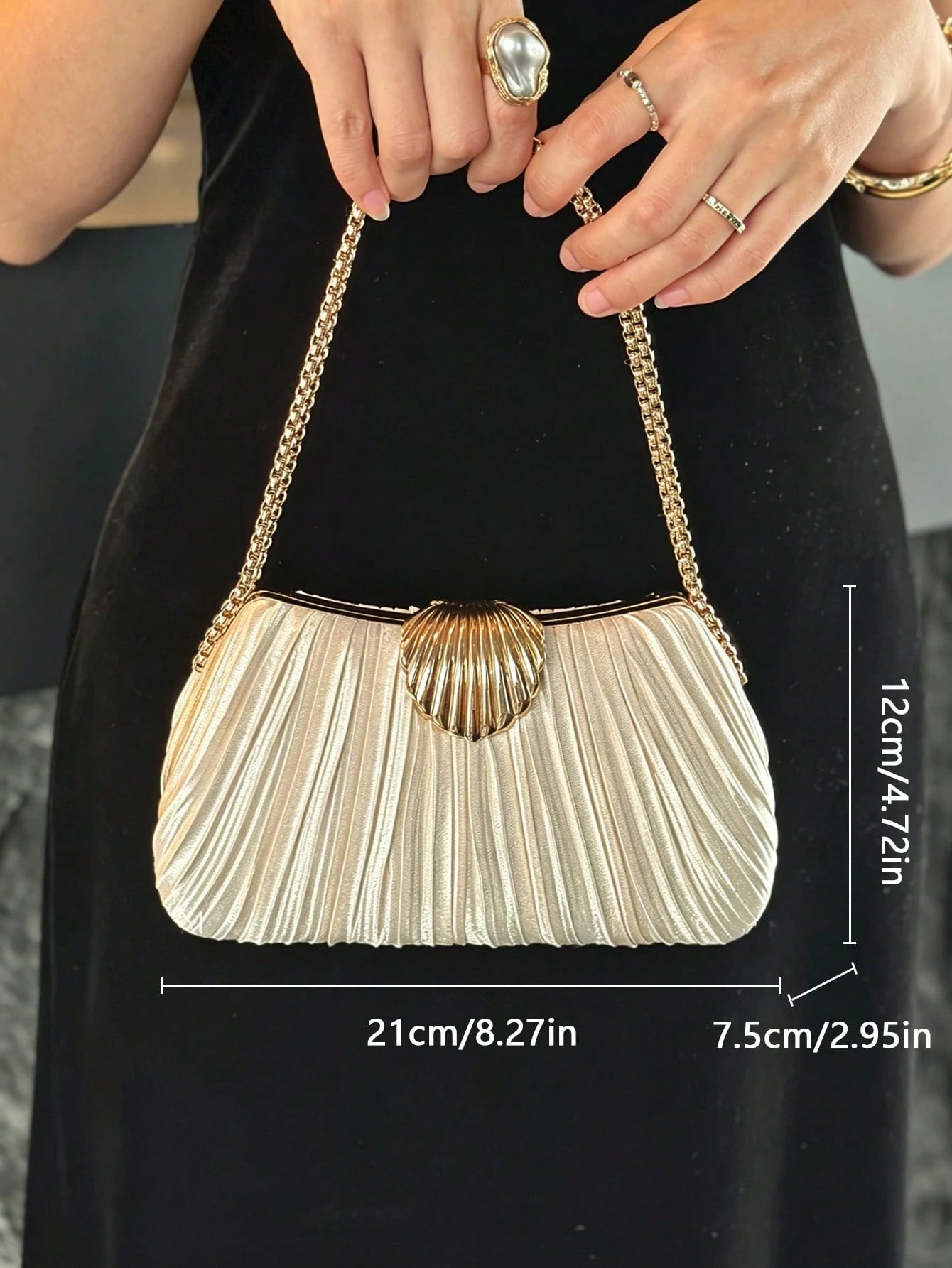 Luxury Women Chain Clutch Bag, Solid Pleated Satin Shell, Metal Clasp, Detachable Chain Strap, Magnetic Closure, Elegant Evening Wedding Prom Handbag