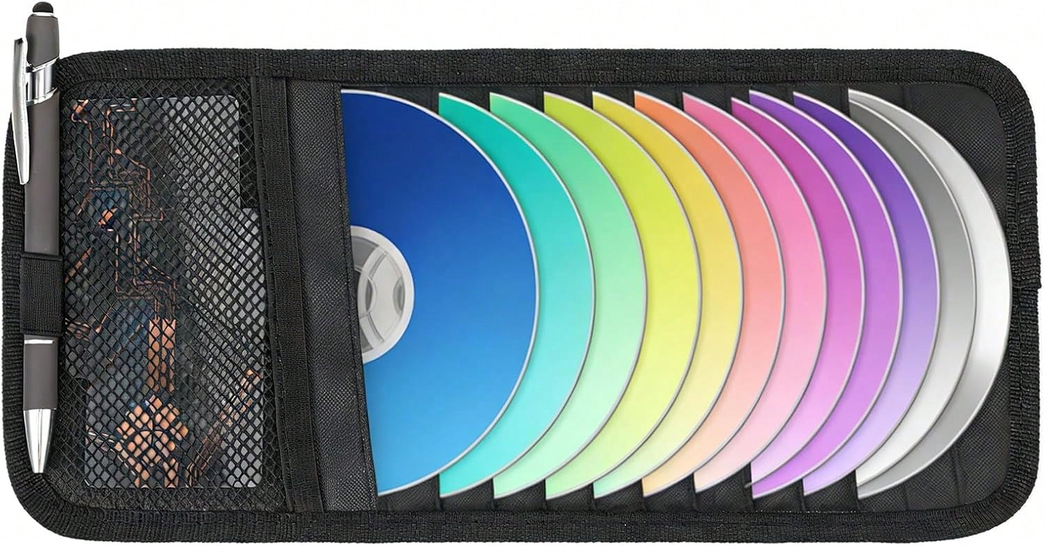 LXUEJIE 1 Pcs Car CD Holder, Car Sun Visor Storage DVD Disc Holders Pocket Case Organizer With 12 DVD Storage Sleeves, One Mesh Pocket, One Pen Holder, And Elastic Strap (Black)