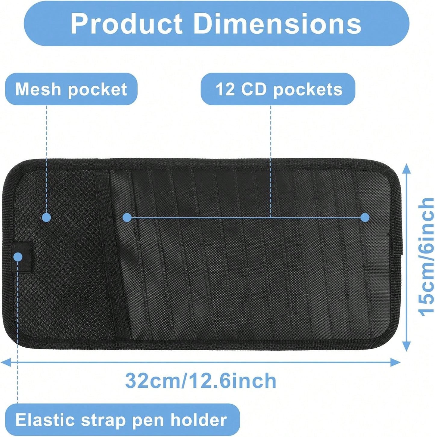 LXUEJIE 1 Pcs Car CD Holder, Car Sun Visor Storage DVD Disc Holders Pocket Case Organizer With 12 DVD Storage Sleeves, One Mesh Pocket, One Pen Holder, And Elastic Strap (Black)