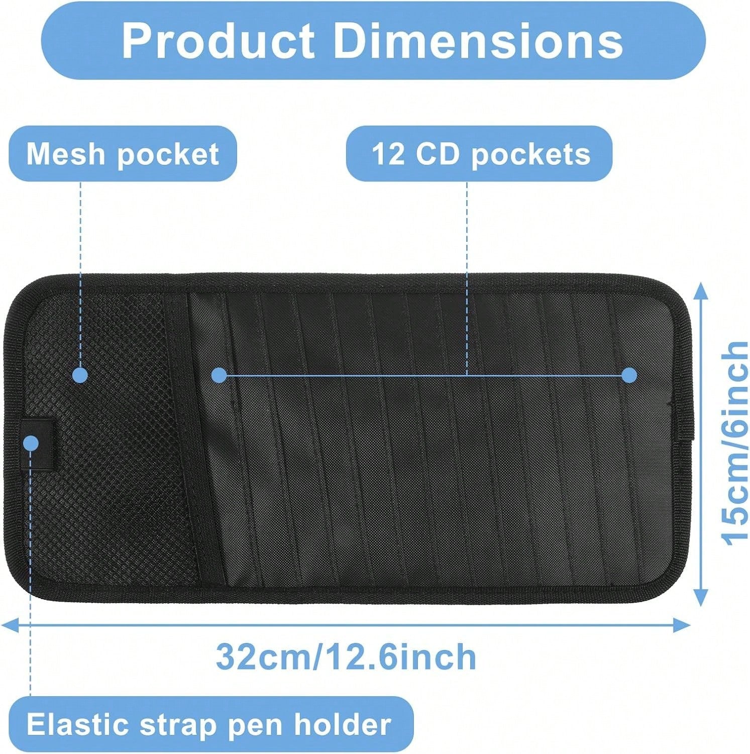 LXUEJIE 1 Pcs Car CD Holder, Car Sun Visor Storage DVD Disc Holders Pocket Case Organizer With 12 DVD Storage Sleeves, One Mesh Pocket, One Pen Holder, And Elastic Strap (Black)