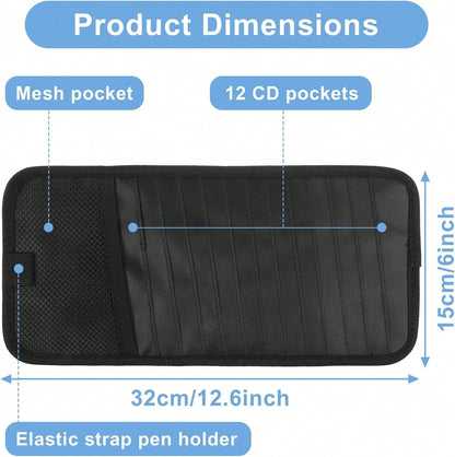 LXUEJIE 1 Pcs Car CD Holder, Car Sun Visor Storage DVD Disc Holders Pocket Case Organizer With 12 DVD Storage Sleeves, One Mesh Pocket, One Pen Holder, And Elastic Strap (Black)