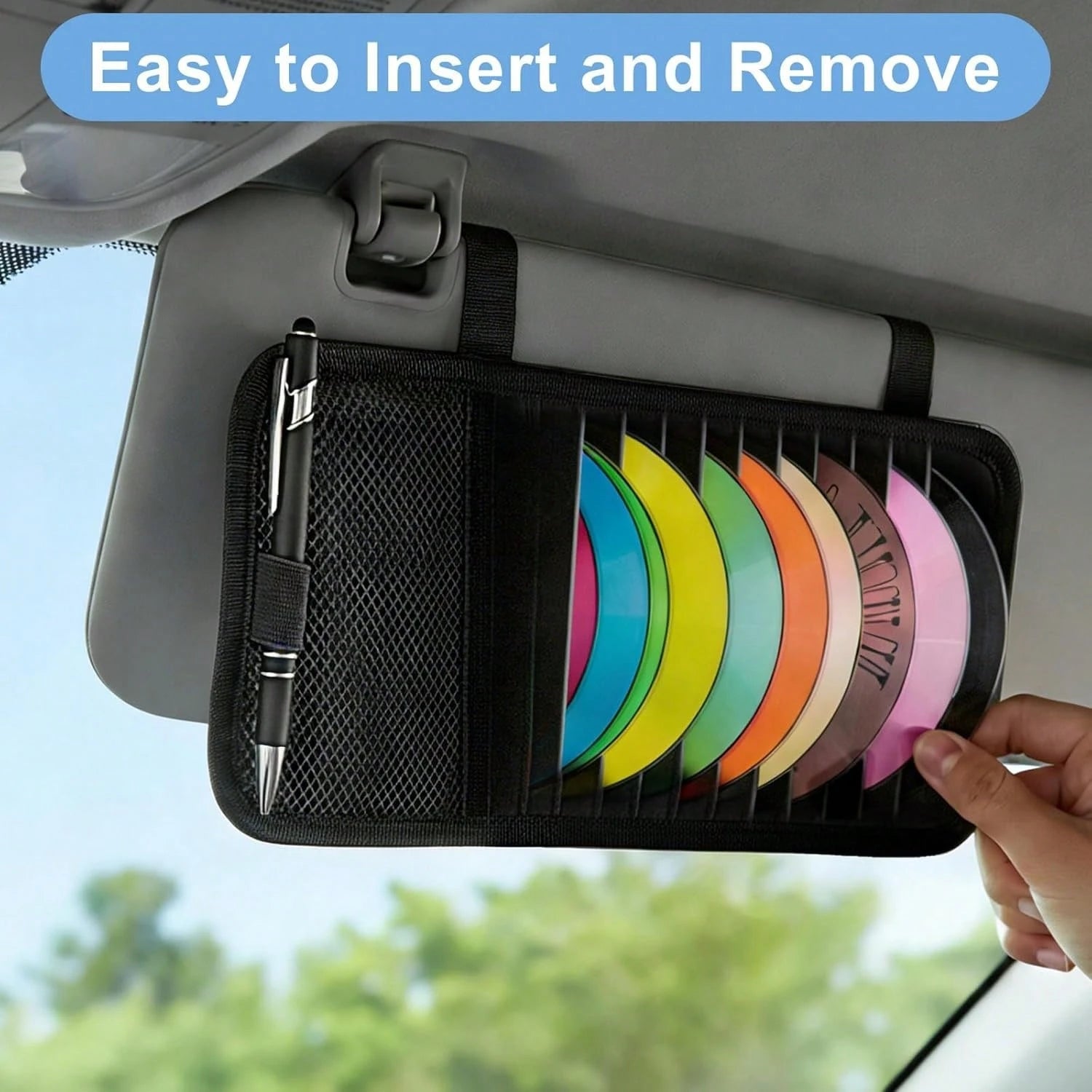 LXUEJIE 1 Pcs Car CD Holder, Car Sun Visor Storage DVD Disc Holders Pocket Case Organizer With 12 DVD Storage Sleeves, One Mesh Pocket, One Pen Holder, And Elastic Strap (Black)