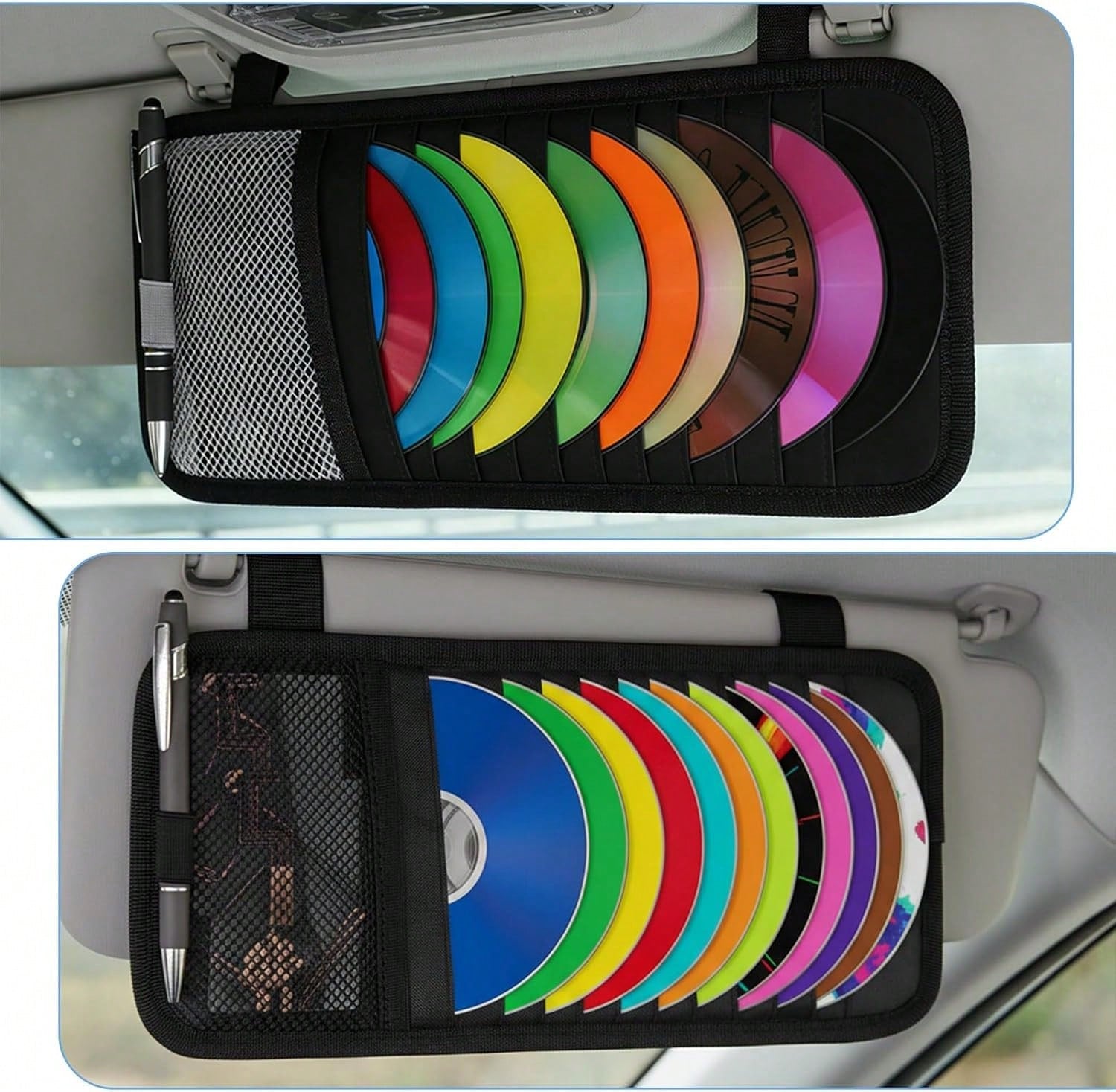 LXUEJIE 1 Pcs Car CD Holder, Car Sun Visor Storage DVD Disc Holders Pocket Case Organizer With 12 DVD Storage Sleeves, One Mesh Pocket, One Pen Holder, And Elastic Strap (Black)