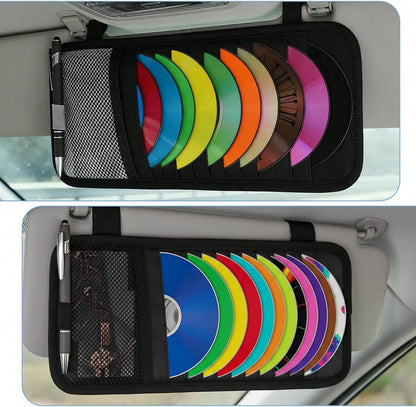 LXUEJIE 1 Pcs Car CD Holder, Car Sun Visor Storage DVD Disc Holders Pocket Case Organizer With 12 DVD Storage Sleeves, One Mesh Pocket, One Pen Holder, And Elastic Strap (Black)