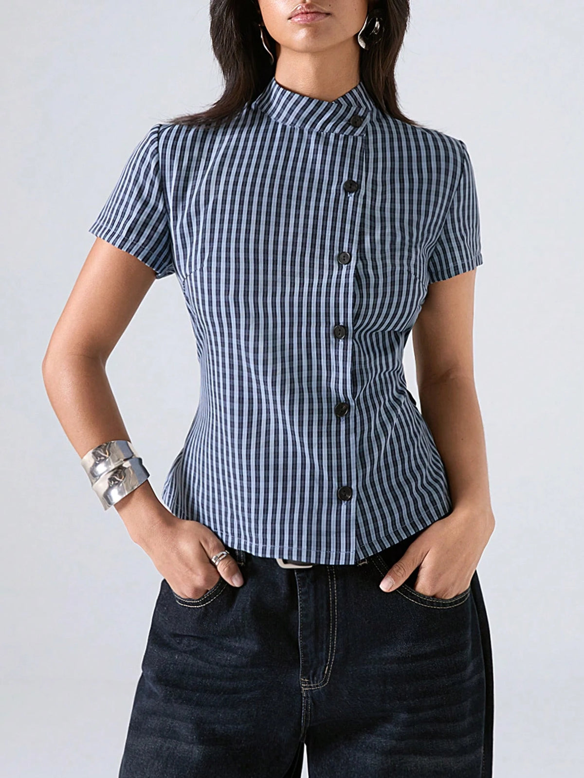 LYSMO 2026 Minimalist Smart Casual Elegant Business Casual Summer Women's Blue And White Stripe Waist-Defining Shirt Blouses Plaid Top Office Brunch Tops
