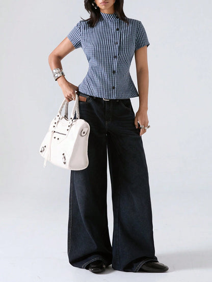 LYSMO 2026 Minimalist Smart Casual Elegant Business Casual Summer Women's Blue And White Stripe Waist-Defining Shirt Blouses Plaid Top Office Brunch Tops