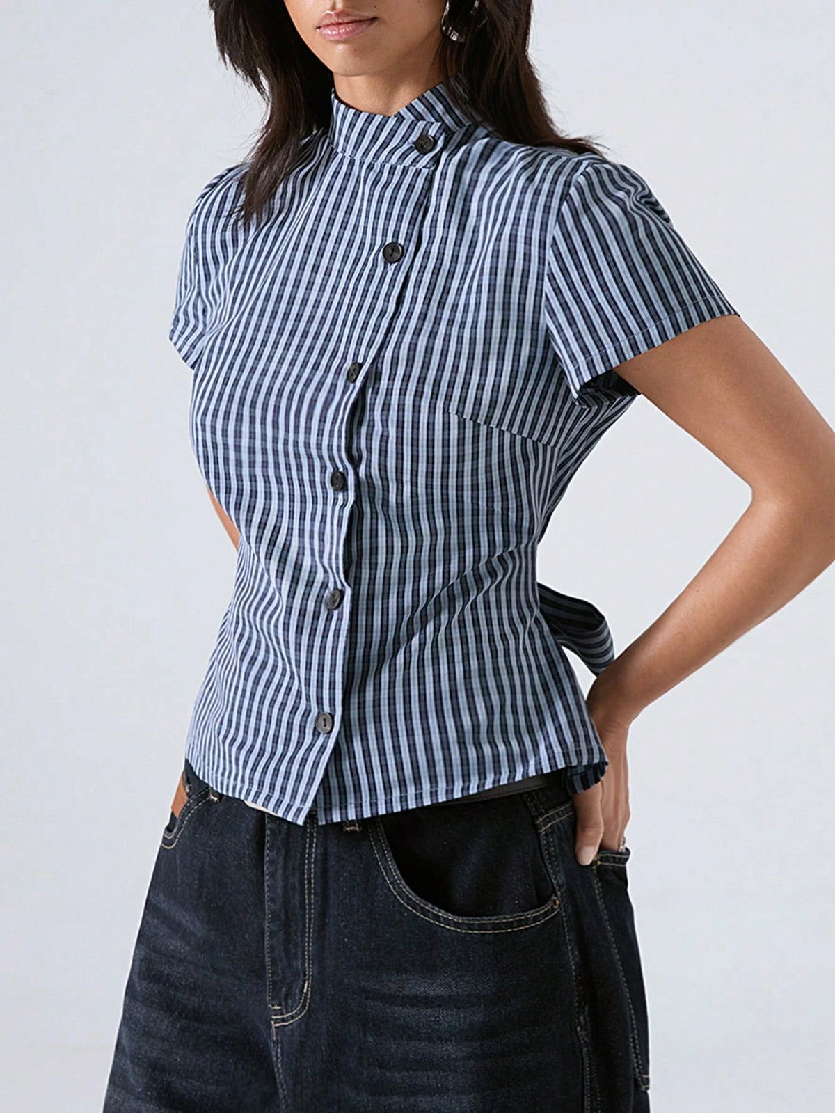 LYSMO 2026 Minimalist Smart Casual Elegant Business Casual Summer Women's Blue And White Stripe Waist-Defining Shirt Blouses Plaid Top Office Brunch Tops