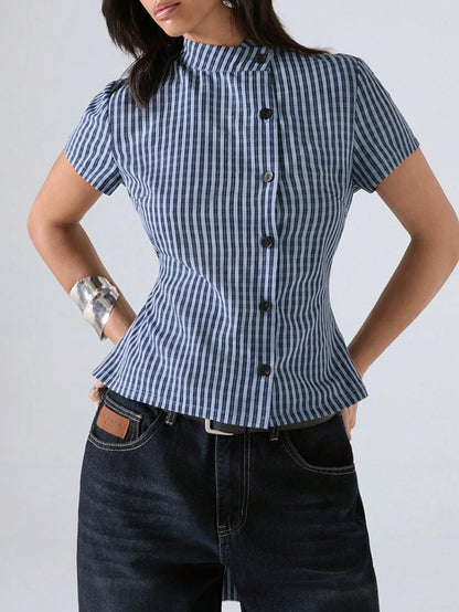 LYSMO 2026 Minimalist Smart Casual Elegant Business Casual Summer Women's Blue And White Stripe Waist-Defining Shirt Blouses Plaid Top Office Brunch Tops