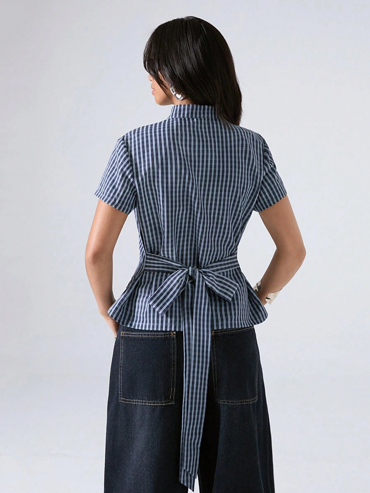 LYSMO 2026 Minimalist Smart Casual Elegant Business Casual Summer Women's Blue And White Stripe Waist-Defining Shirt Blouses Plaid Top Office Brunch Tops
