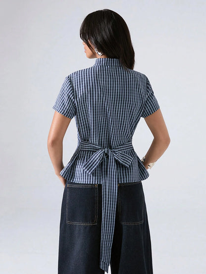 LYSMO 2026 Minimalist Smart Casual Elegant Business Casual Summer Women's Blue And White Stripe Waist-Defining Shirt Blouses Plaid Top Office Brunch Tops