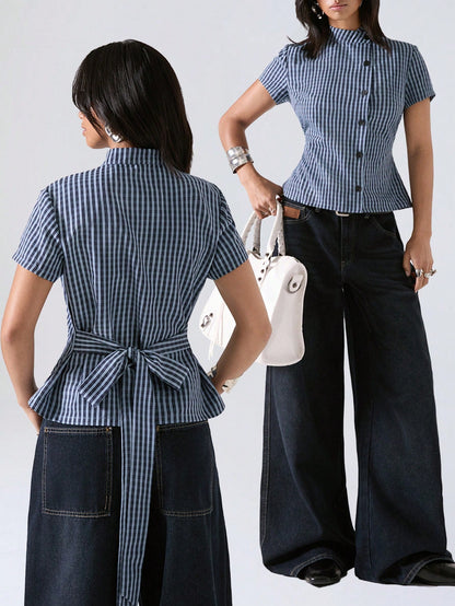 LYSMO 2026 Minimalist Smart Casual Elegant Business Casual Summer Women's Blue And White Stripe Waist-Defining Shirt Blouses Plaid Top Office Brunch Tops