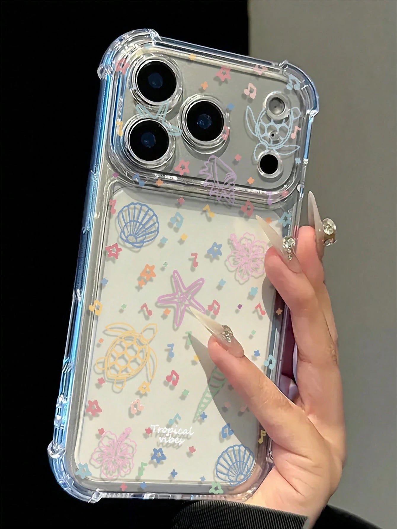 Macaron Ocean Shell Turtle Music Note Hand-Painted Pattern Shockproof Phone Case, Transparent Corner Protection Anti-Drop Fashion Summer Essential, Suitable For Daily Use, Compatible With IPhone 16/16