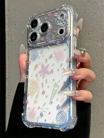 Macaron Ocean Shell Turtle Music Note Hand-Painted Pattern Shockproof Phone Case, Transparent Corner Protection Anti-Drop Fashion Summer Essential, Suitable For Daily Use, Compatible With IPhone 16/16