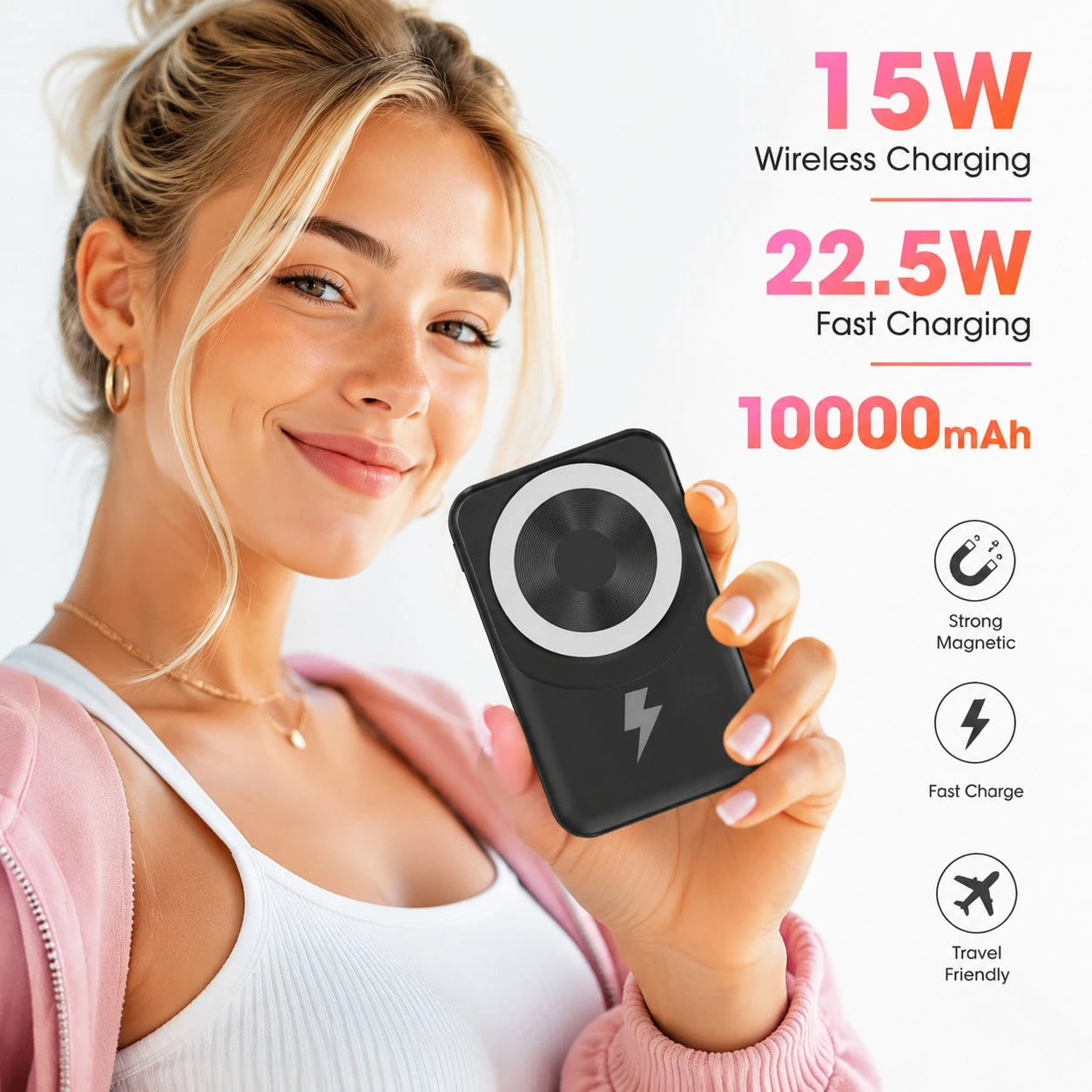 Magnetic Portable Charger 10000mAh Magnetic Wireless Power Bank With Foldable Stand, Built-In Type C & Lightning Cables 22.5W Fast Charging LED Indicator, Travel Essentials Camping Gear Back To School