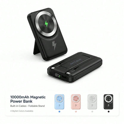 Magnetic Portable Charger 10000mAh Magnetic Wireless Power Bank With Foldable Stand, Built-In Type C & Lightning Cables 22.5W Fast Charging LED Indicator, Travel Essentials Camping Gear Back To School