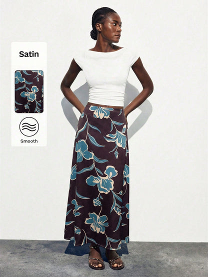 Maija Women's Elegant Brown Maxi Skirt With Smooth Plants Pattern Woven Fabric Semi-Sheer Straight Fit,Going Out Outfits