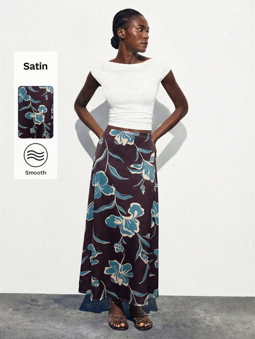Maija Women's Elegant Brown Maxi Skirt With Smooth Plants Pattern Woven Fabric Semi-Sheer Straight Fit,Going Out Outfits
