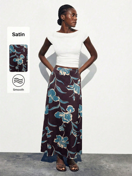 Maija Women's Elegant Brown Maxi Skirt With Smooth Plants Pattern Woven Fabric Semi-Sheer Straight Fit,Going Out Outfits