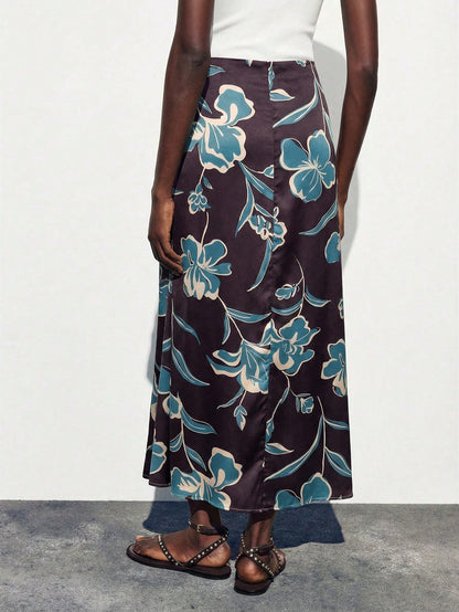 Maija Women's Elegant Brown Maxi Skirt With Smooth Plants Pattern Woven Fabric Semi-Sheer Straight Fit,Going Out Outfits
