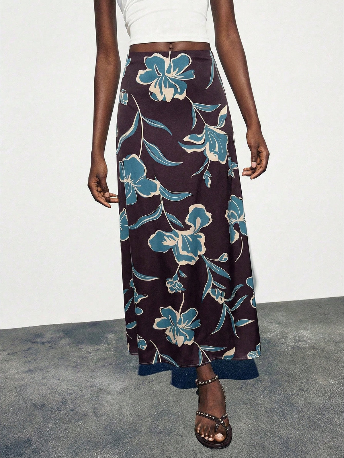 Maija Women's Elegant Brown Maxi Skirt With Smooth Plants Pattern Woven Fabric Semi-Sheer Straight Fit,Going Out Outfits