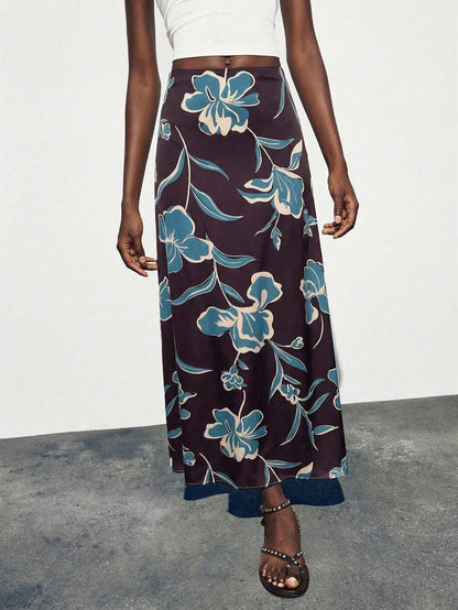 Maija Women's Elegant Brown Maxi Skirt With Smooth Plants Pattern Woven Fabric Semi-Sheer Straight Fit,Going Out Outfits