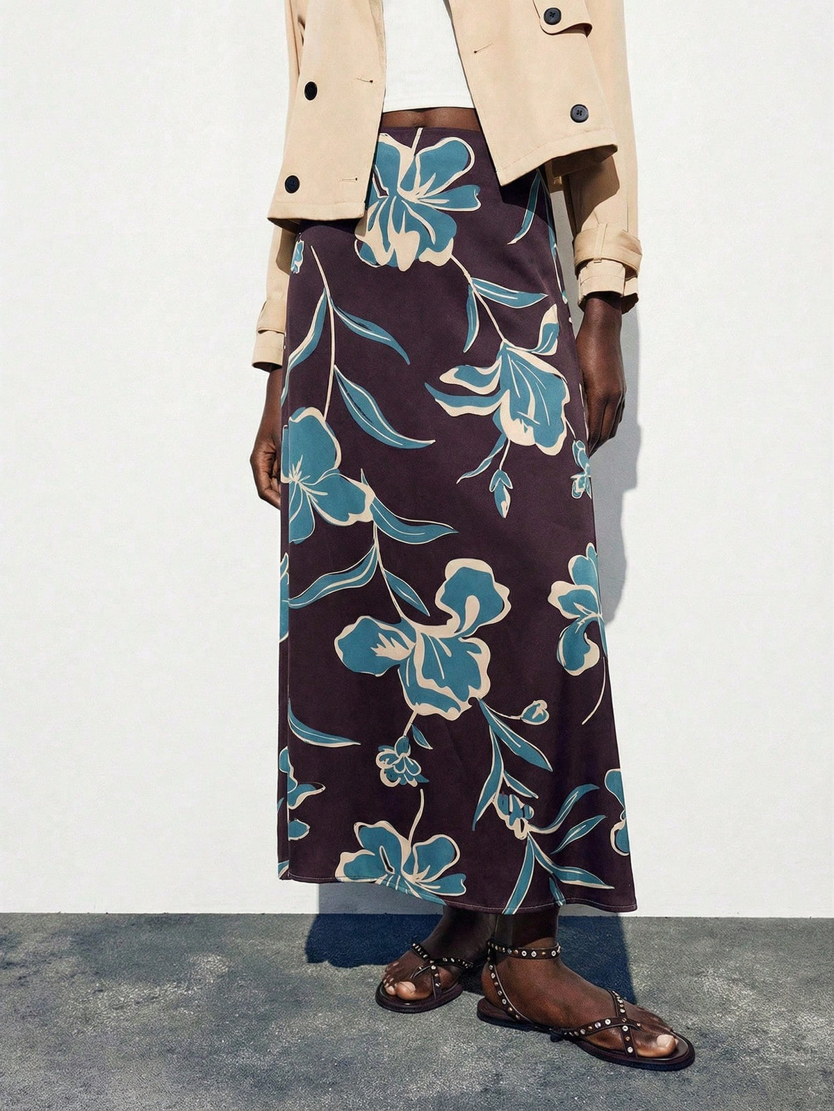 Maija Women's Elegant Brown Maxi Skirt With Smooth Plants Pattern Woven Fabric Semi-Sheer Straight Fit,Going Out Outfits