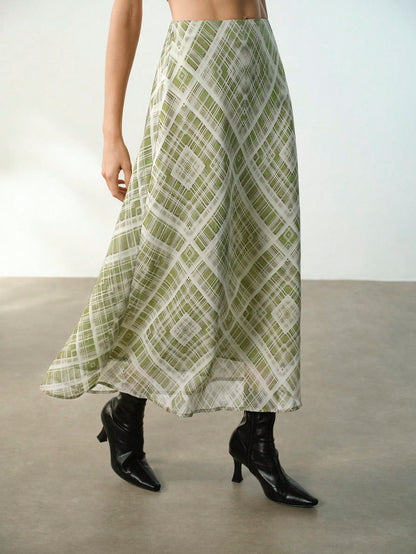 Maija Women's Elegant Brown Maxi Skirt With Smooth Plants Pattern Woven Fabric Semi-Sheer Straight Fit,Going Out Outfits