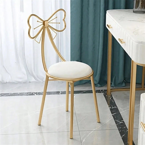 Makeup Vanity Girl Chairs Stool For Bedroom With Bow Knot Backrest,Side Table Seat Dressing Chair With Golden Metal Leg,Velvet Cushion For Girl Daughter Room