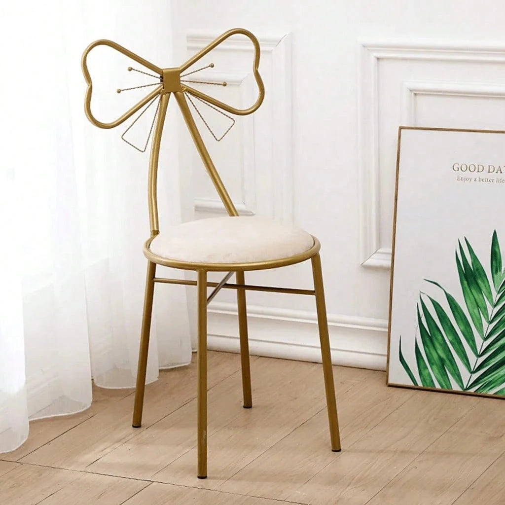 Makeup Vanity Girl Chairs Stool For Bedroom With Bow Knot Backrest,Side Table Seat Dressing Chair With Golden Metal Leg,Velvet Cushion For Girl Daughter Room