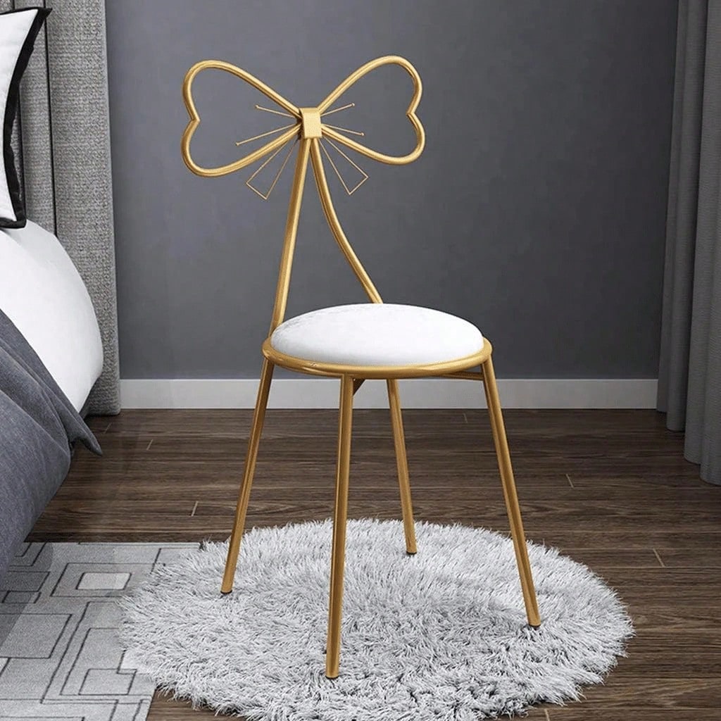 Makeup Vanity Girl Chairs Stool For Bedroom With Bow Knot Backrest,Side Table Seat Dressing Chair With Golden Metal Leg,Velvet Cushion For Girl Daughter Room