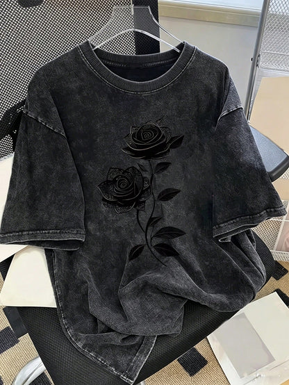Manfinity Hypemode Men's Casual Floral Embroidery Washed Cotton Loose Fit T-Shirt, Fashionable Street Style For Daily Commute, Summer Y2k Graphic Tee