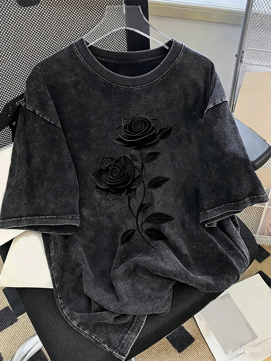 Manfinity Hypemode Men's Casual Floral Embroidery Washed Cotton Loose Fit T-Shirt, Fashionable Street Style For Daily Commute, Summer Y2k Graphic Tee