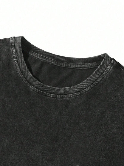 Manfinity Hypemode Men's Casual Floral Embroidery Washed Cotton Loose Fit T-Shirt, Fashionable Street Style For Daily Commute, Summer Y2k Graphic Tee